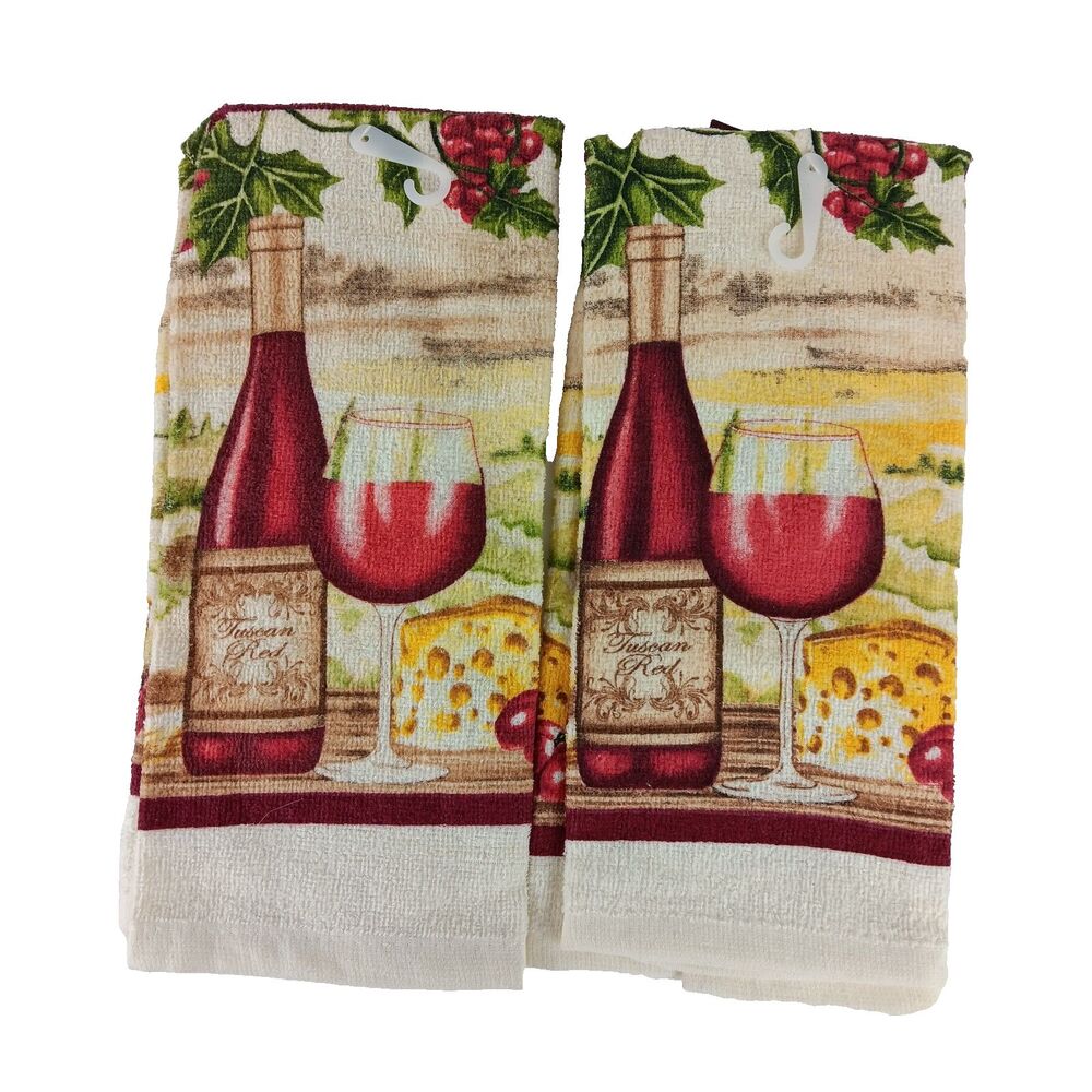 Home Collection Wine & Cheese Kitchen Towels Lot of 2 New Unused Cream and Red